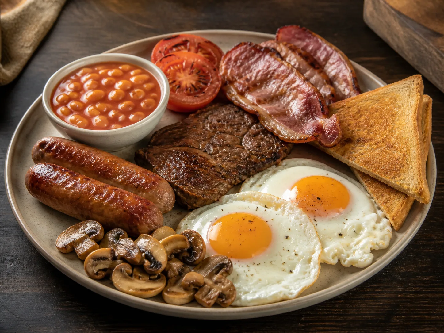 English breakfast with eggs, bacon, steak, sausages, mushrooms, beans, tomato and toast