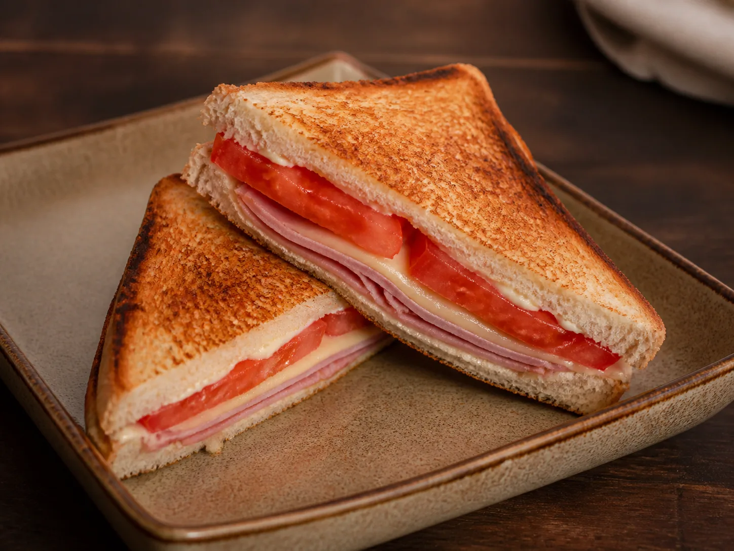Toasted ham, cheese and tomato sandwich