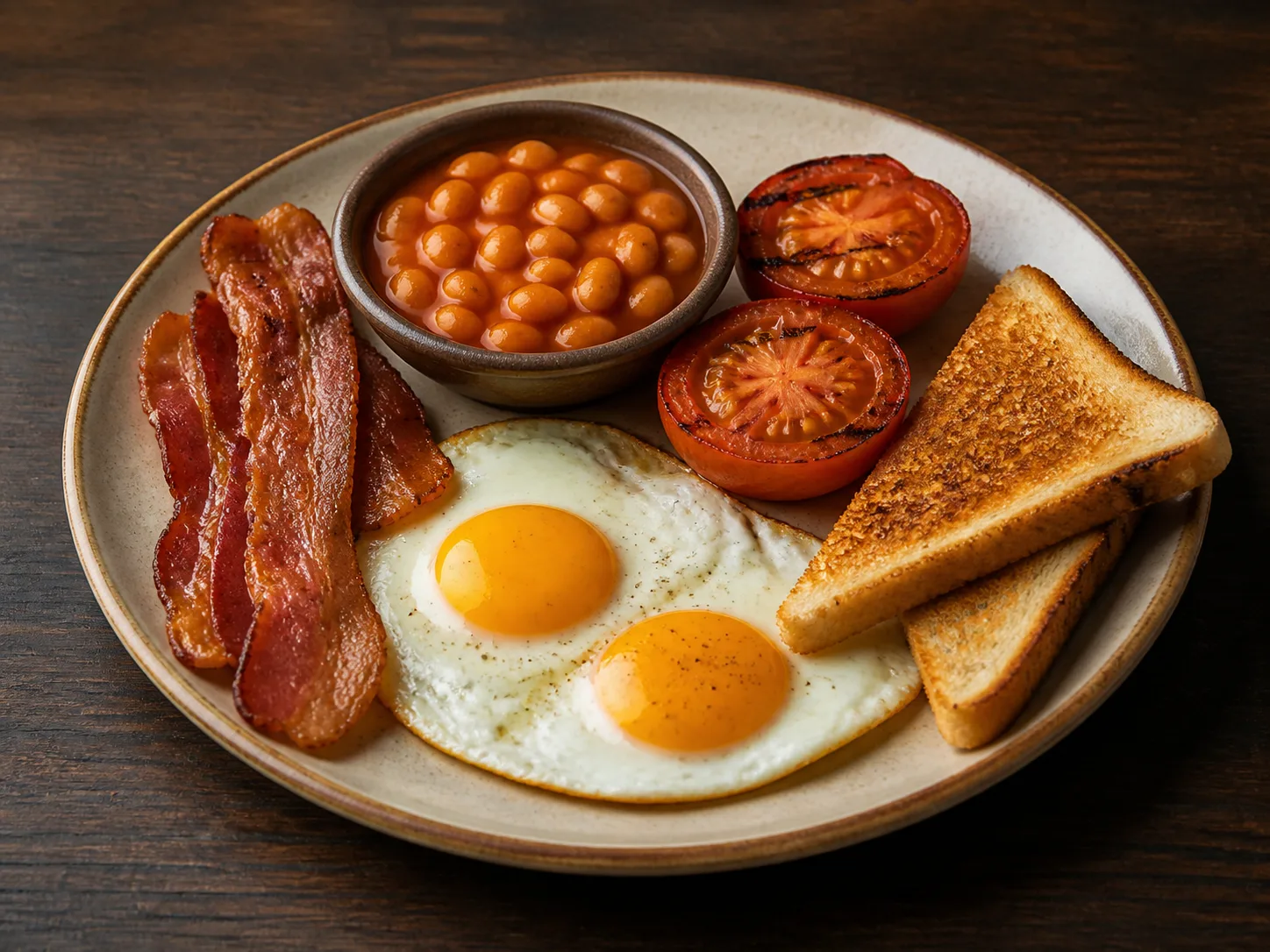 Mini breakfast with eggs, bacon, beans, tomato and toast
