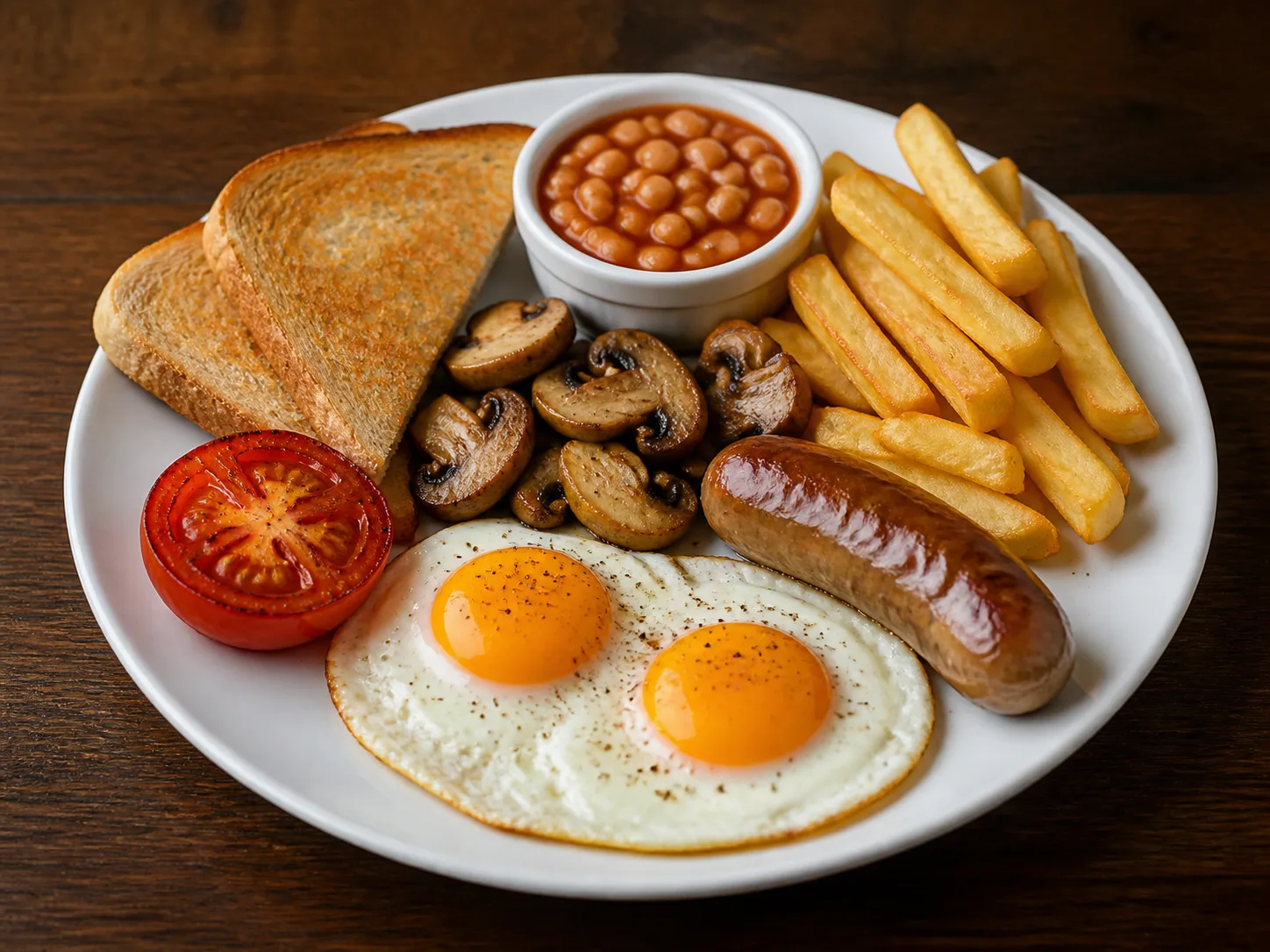 Petit breakfast with eggs, sausage, mushrooms, chips, beans, tomato and toast
