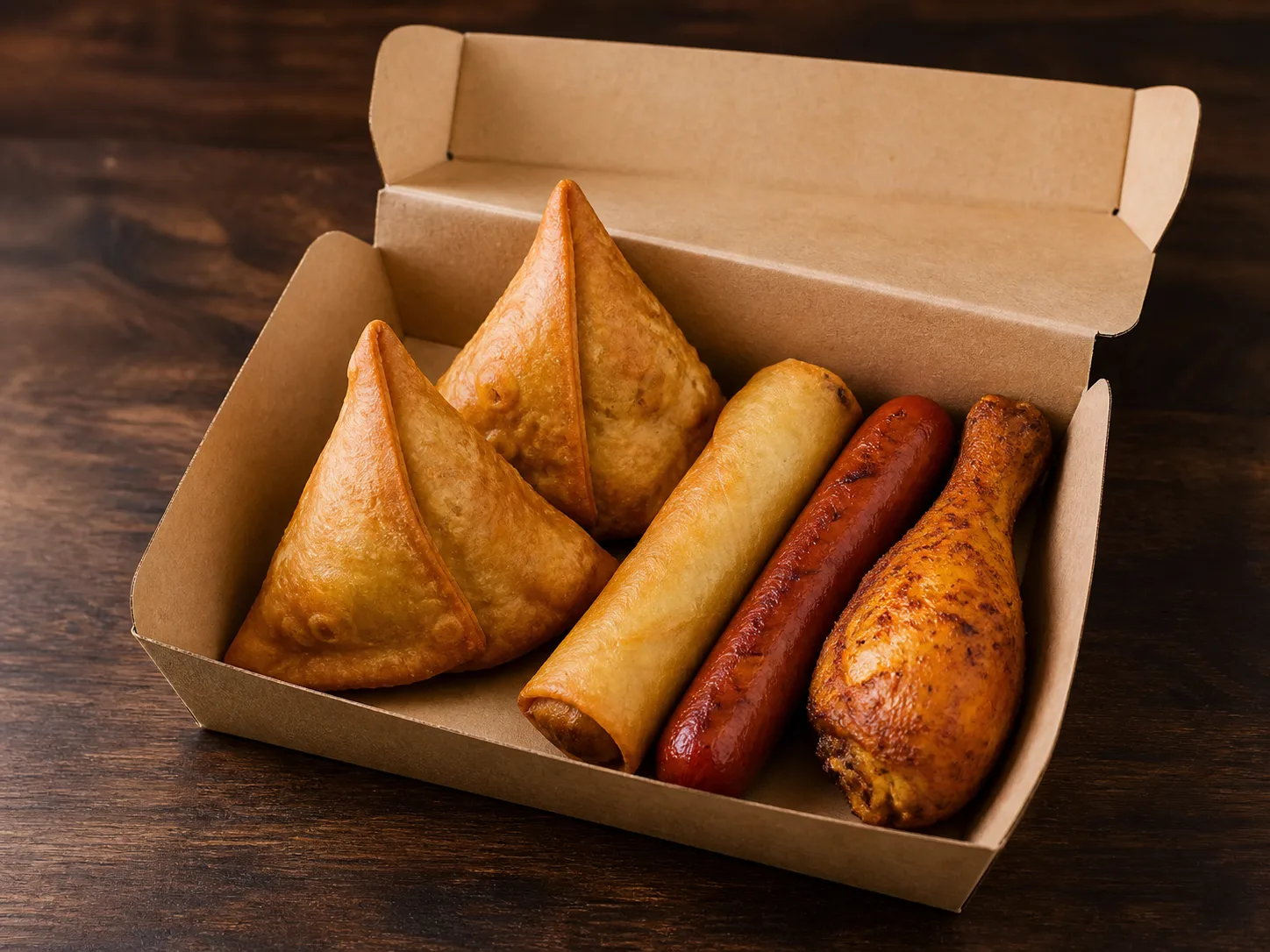 Snack box with samosas, spring roll, sausage and chicken drumstick
